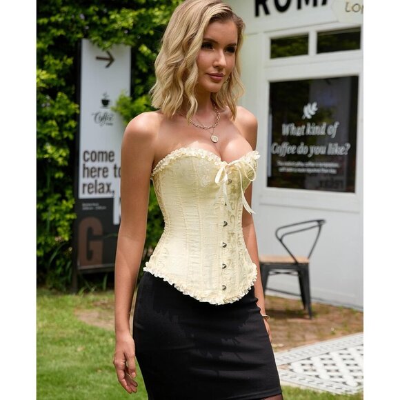 Women's Beige Vanilla Corset Tops Bustier Lingerie Lace Waist Push Up Bodysuit - Picture 3 of 6